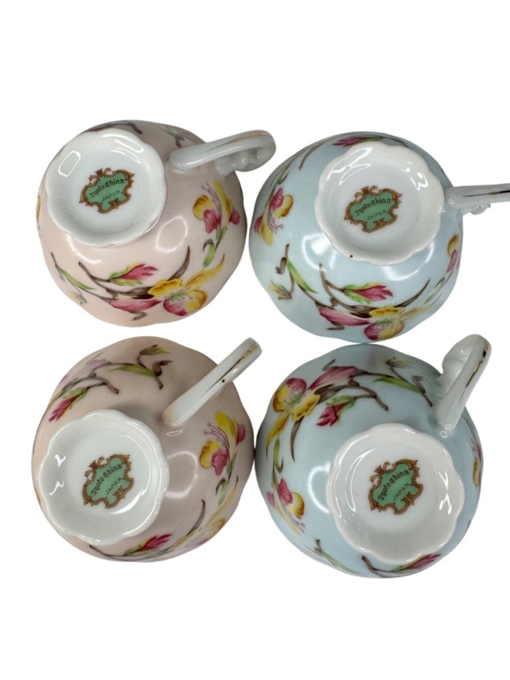 Japanese Jyoto China Floral Tea Cup & Saucer Set Porcelain 4-Piece Pastel Vtg - Picture 3 of 16